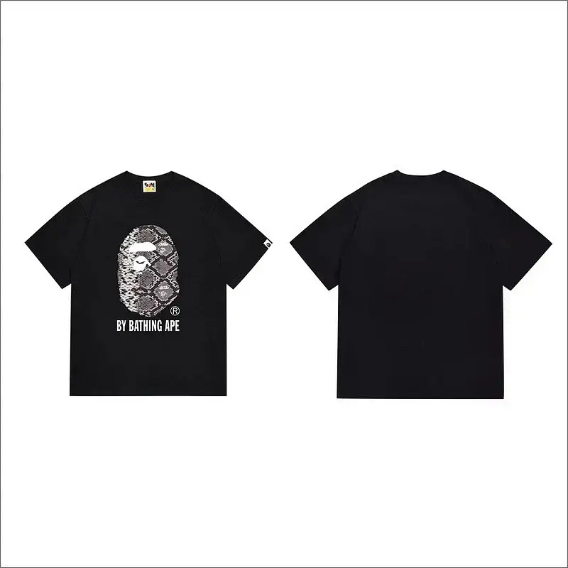 BAPE Black T - Shirt with Snake - Print Ape Head & "BY BATHING APE" Text