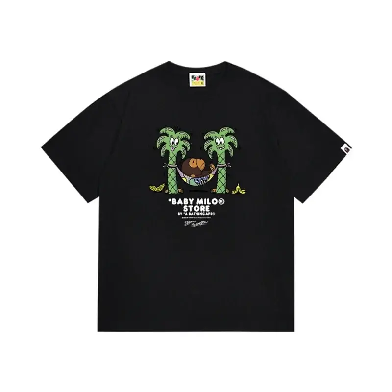 A BATHING APE Baby Milo Black T - Shirt with Cartoon Palm Trees, Hammock & Banana Graphic