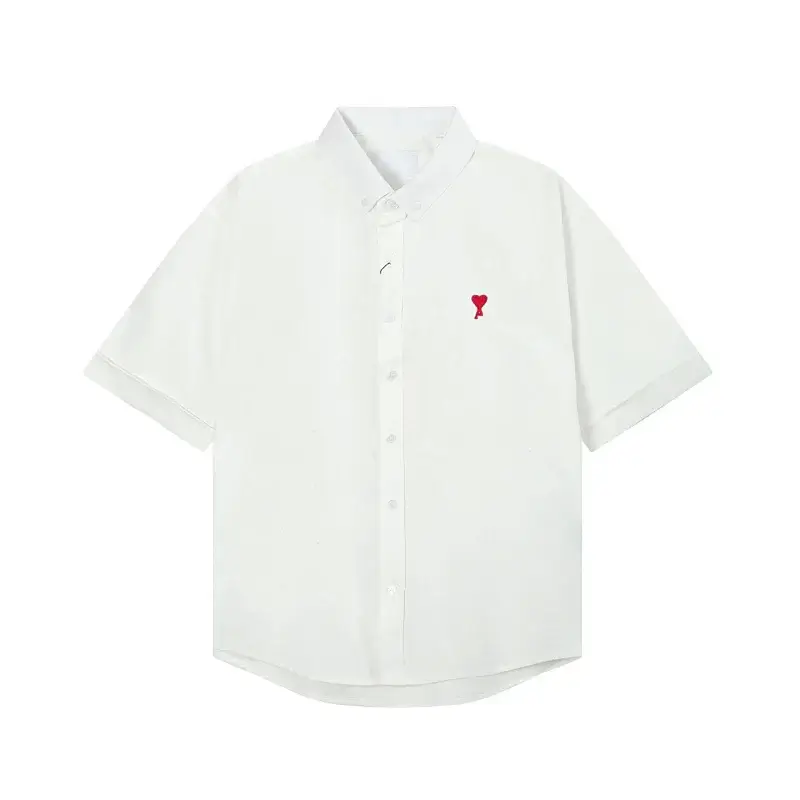 Ami White Short - Sleeve Shirt with Red Heart Embroidery