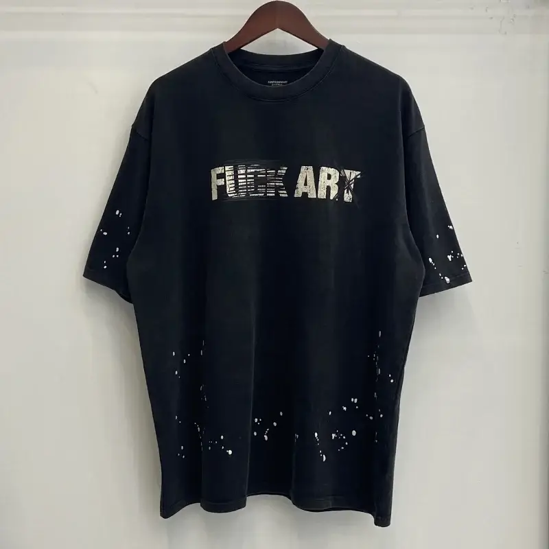 UNKNOWN Black Oversized T - Shirt with "FUCK ART" Print & White Paint Splatters
