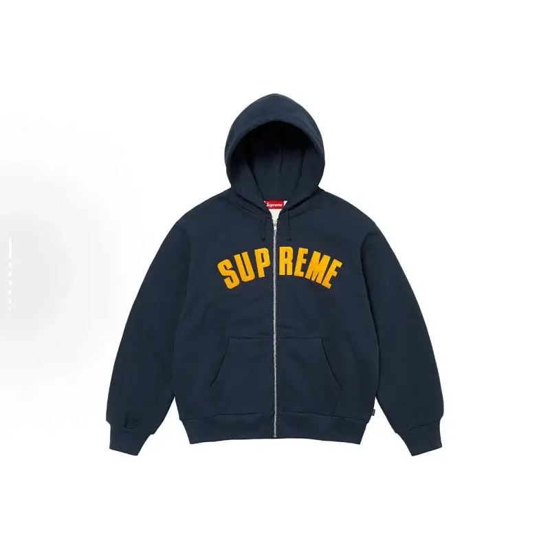 Supreme Navy Zip Up Hooded Sweatshirt with Yellow Arched Logo