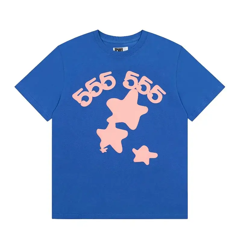 SPRAY Blue T - Shirt with Pink "555 555" & Star Graphics