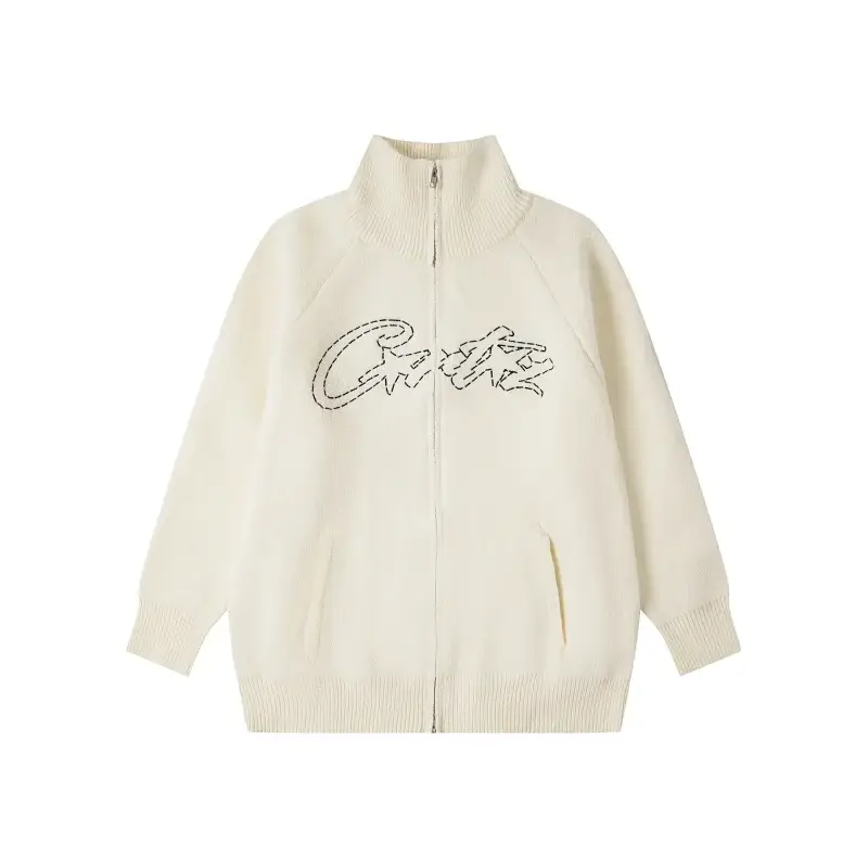 CARE White Stand Collar Full - Zip Knit Cardigan with Embroidered Graphic & Side Pockets