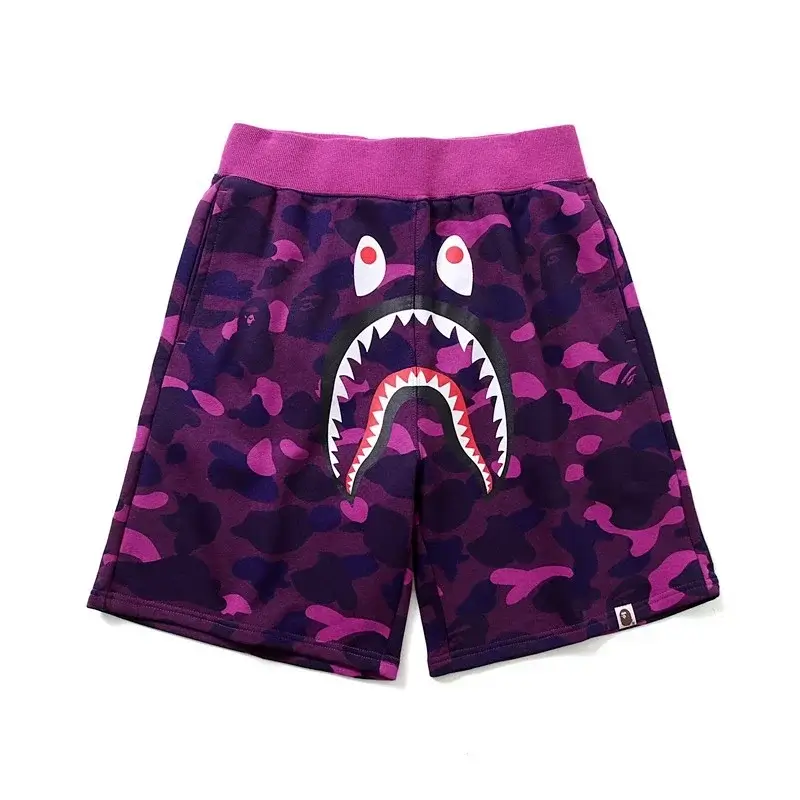 BAPE Purple Camouflage Shark Mouth Pattern Elastic Waist Casual Shorts