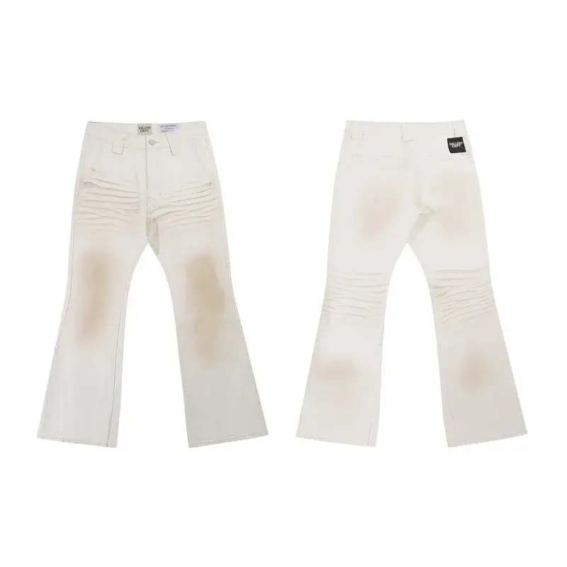 WHOOSIS White Stained Pleated Flared Jeans