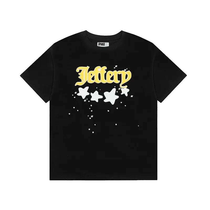 SPRAY Black T - shirt with Yellow "Jeffery" Lettering & White Star Patterns