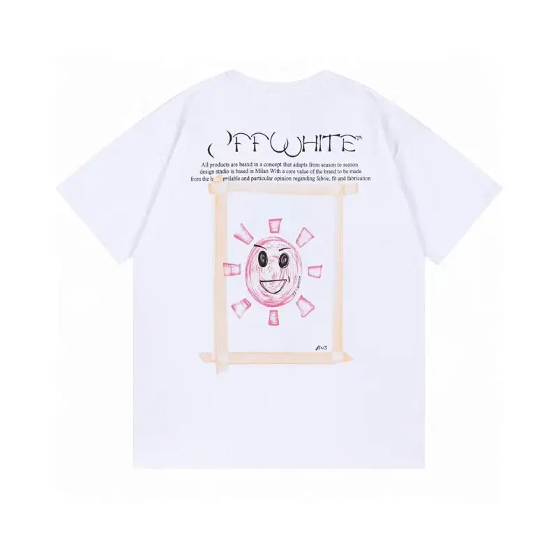 OFF-WHITE White T - Shirt with Cartoon Sun Graphic & Brand Text