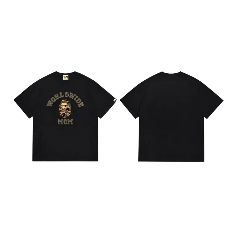 BAPE Black T - Shirt with Camo Ape Head & "WORLDWIDE MCM" Print