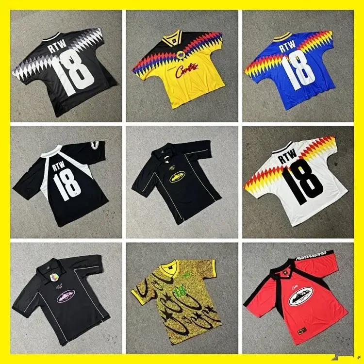 Corteiz Retro Soccer Jerseys with Number 18, Various Colors (Black, Yellow, Blue, White, Red) & Unique Patterns
