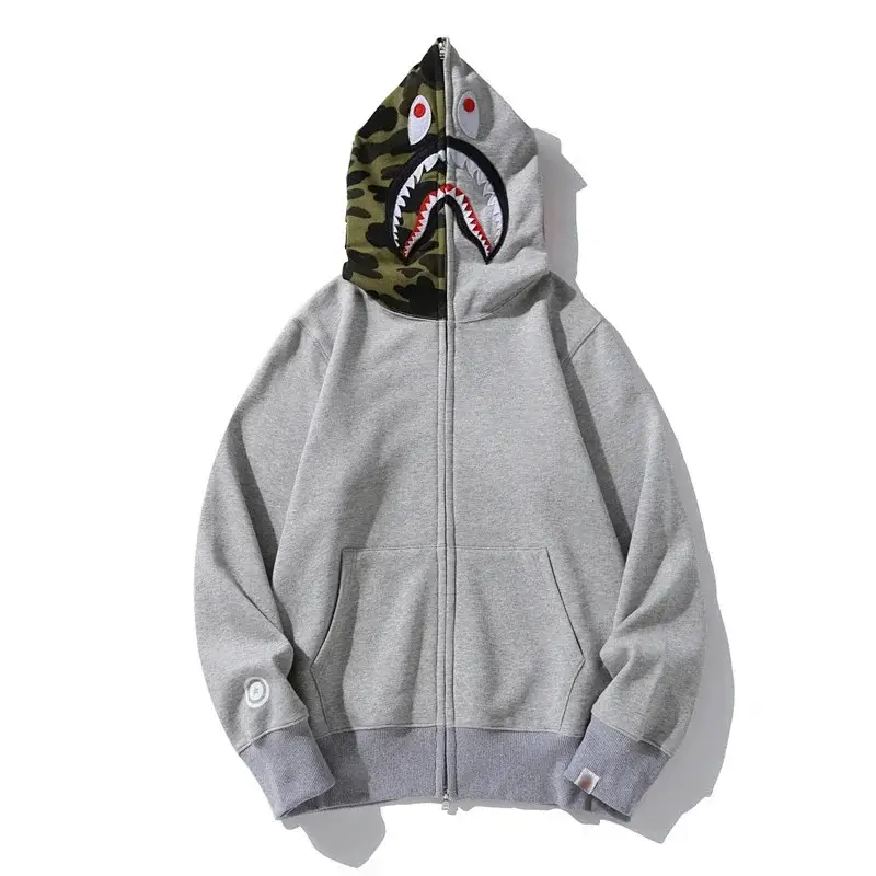 BAPE Gray Hooded Zip - Up Hoodie with Shark Head Camouflage Design