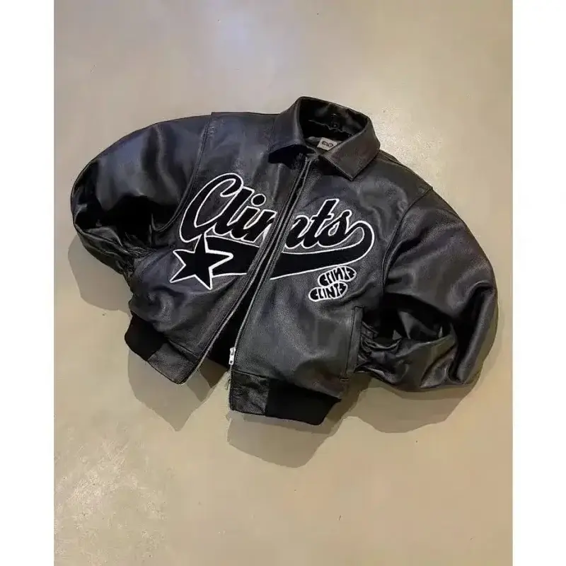Clints Black Embroidered Star Logo Cropped Leather Jacket