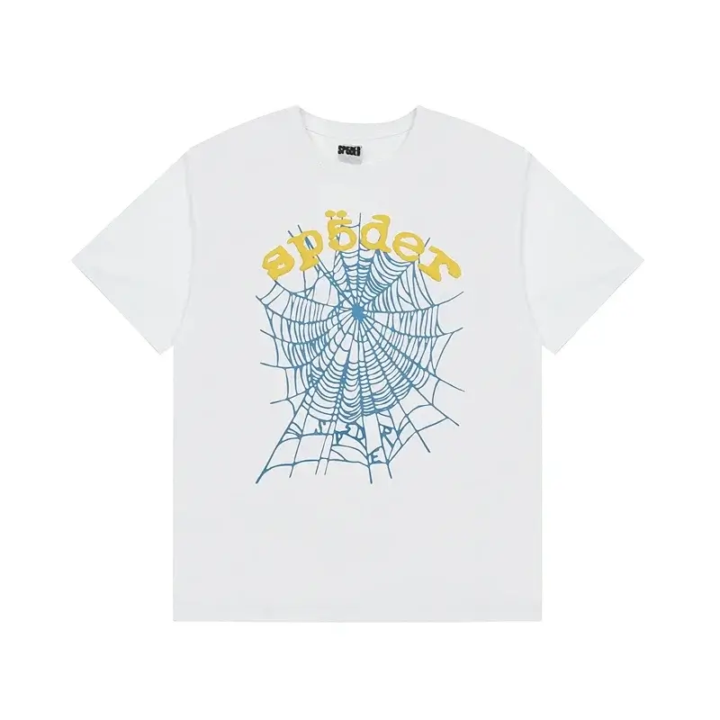 SP5DER White T - Shirt with Blue Spider Web & Yellow Reversed Text