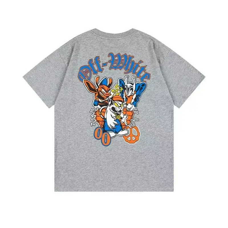 Off-White Gray Oversized Short Sleeve T - Shirt with Back Cartoon Graphic