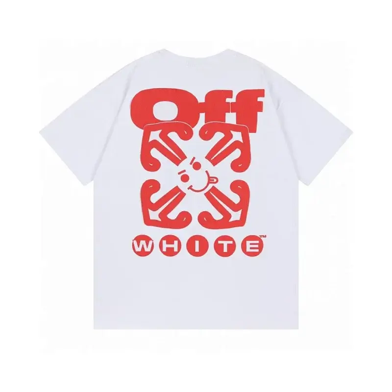 Off-White White Short Sleeve T - Shirt with Red Logo & Smiley Face