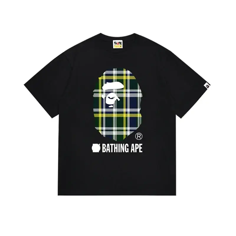 BATHING APE Black T - Shirt with Plaid Ape Head & "BATHING APE" Text