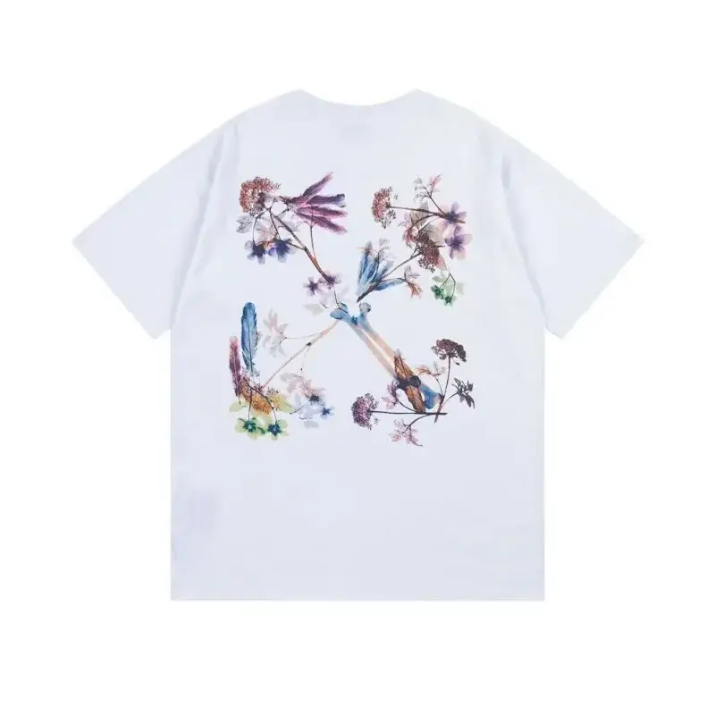OFF-WHITE White Floral & Feather Print Oversized Short Sleeve T - Shirt