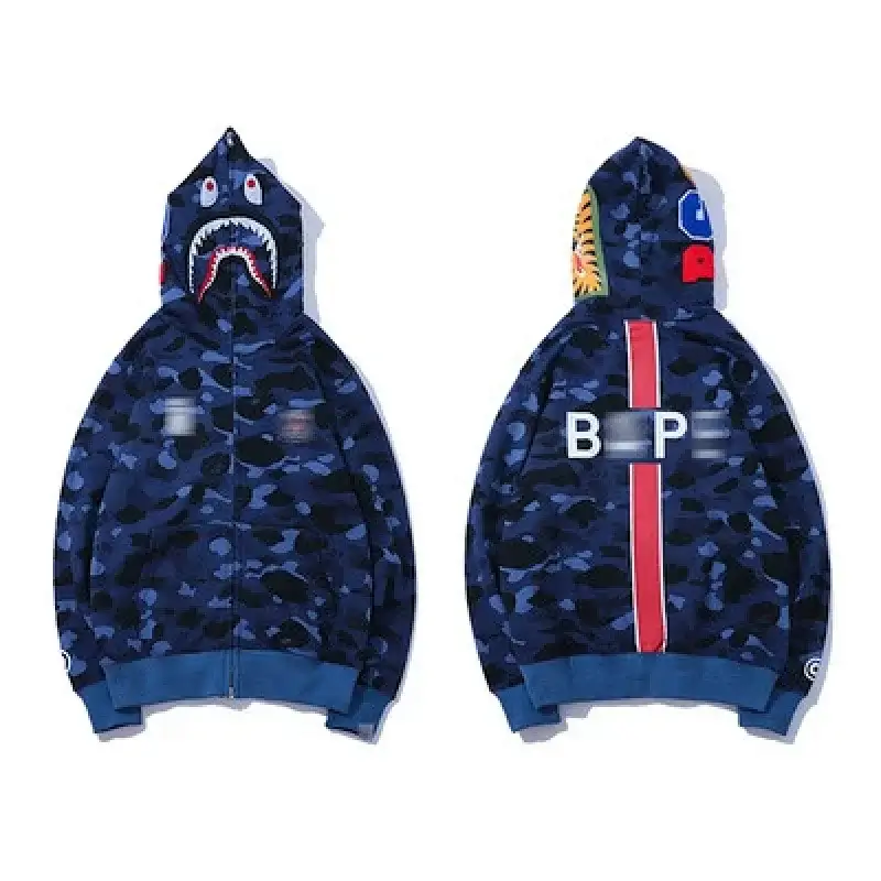 BAPE Dark Blue Camouflage Shark - Head Hooded Full - Zip Jacket with Back Stripe & Letter Design