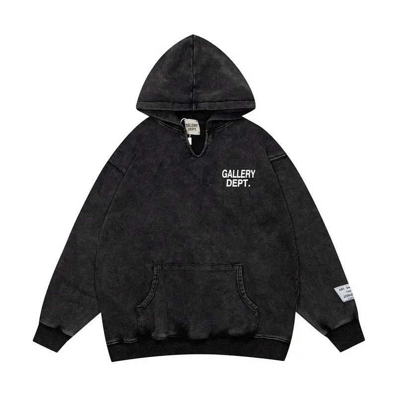 GALLERY DEPT. Vintage Washed Black Hoodie (Embroidered Logo, Kangaroo Pocket)