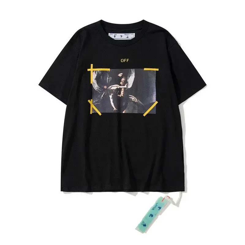 OFF-WHITE Black Religious Painting Print Short Sleeve T - Shirt