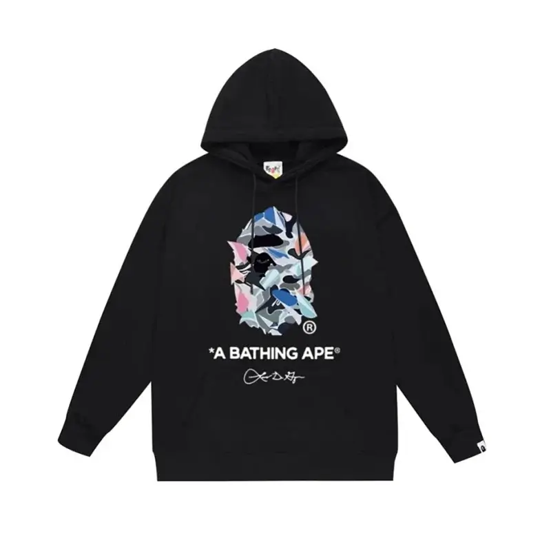 A BATHING APE Black Hoodie with Colorful Ape Head Logo, Brand Text & Signature