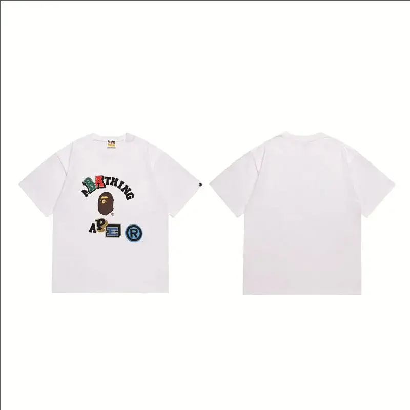 A BATHING APE White T - Shirt with Ape Head & Colorful Logos