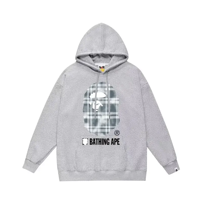 BATHING APE Gray Hoodie with Plaid Ape Head Graphic and BATHING APE Text