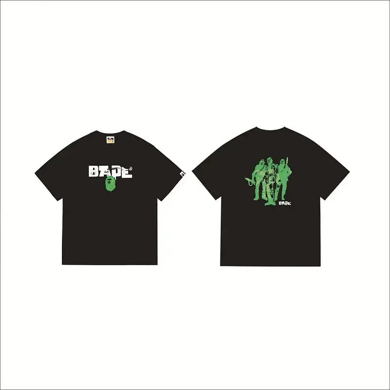 BAPE Black T - Shirt with Front BAPE Logo & Green Ape Head, Back Green Figures Graphic