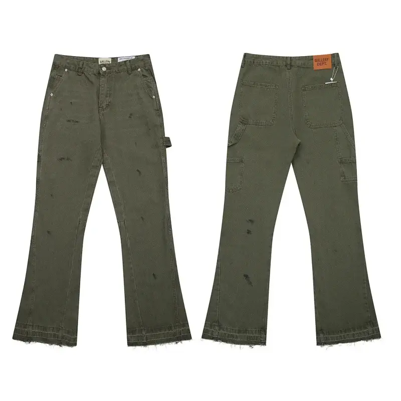 GALLERY DEPT. Olive Green Distressed Flared Cargo Pants with Frayed Hem
