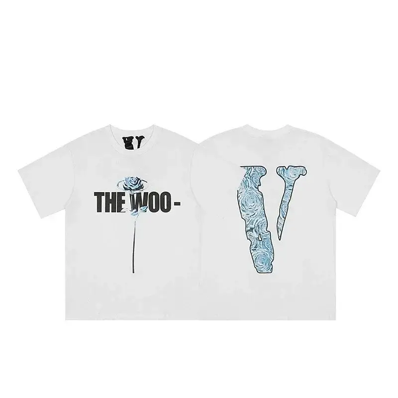 VLONE White Short - Sleeve T - Shirt with "THE WOO - " & Blue Rose (Front), Blue Rose - Patterned "V" (Back)