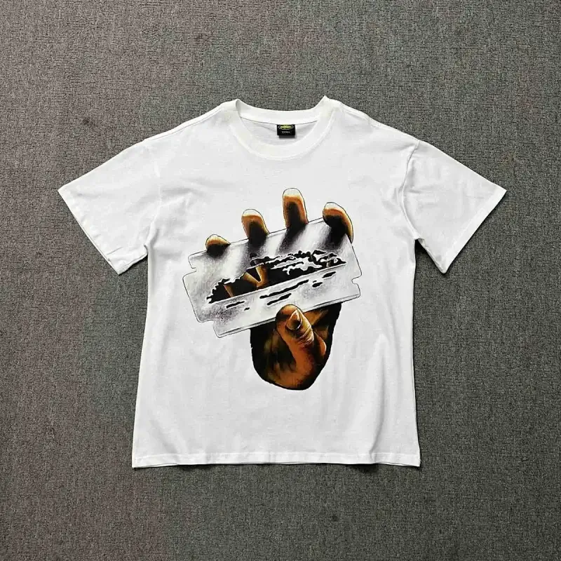 RAZOR White T - Shirt with Hand Holding Razor Blade Graphic