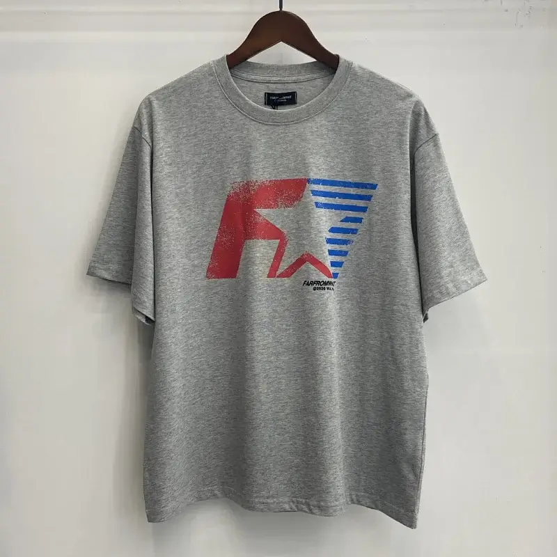 FAIRPLAYWIN Gray Crew Neck Short Sleeve T - Shirt with Vintage Red F, White Star & Blue Stripes Graphic