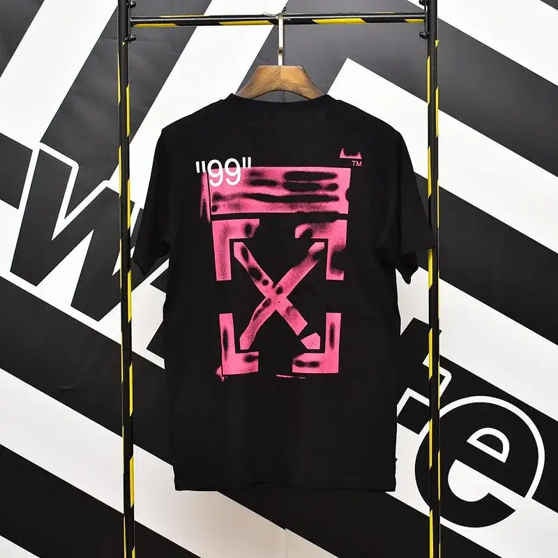 OFF-WHITE Black T - Shirt with Pink "99" & Arrow - X Graphic on Back