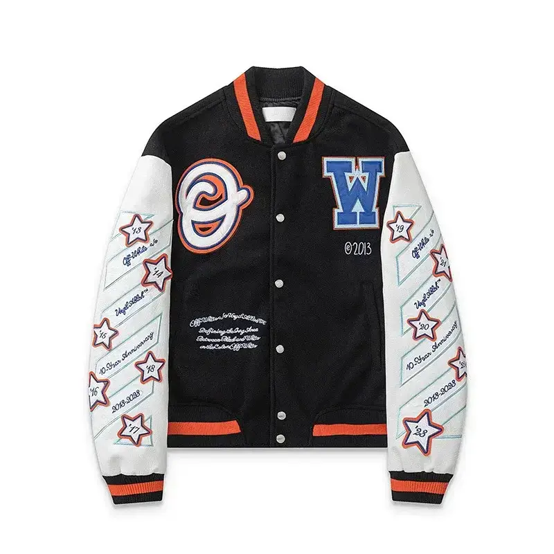 Off-White Embroidered Varsity Jacket with Stars & Letters
