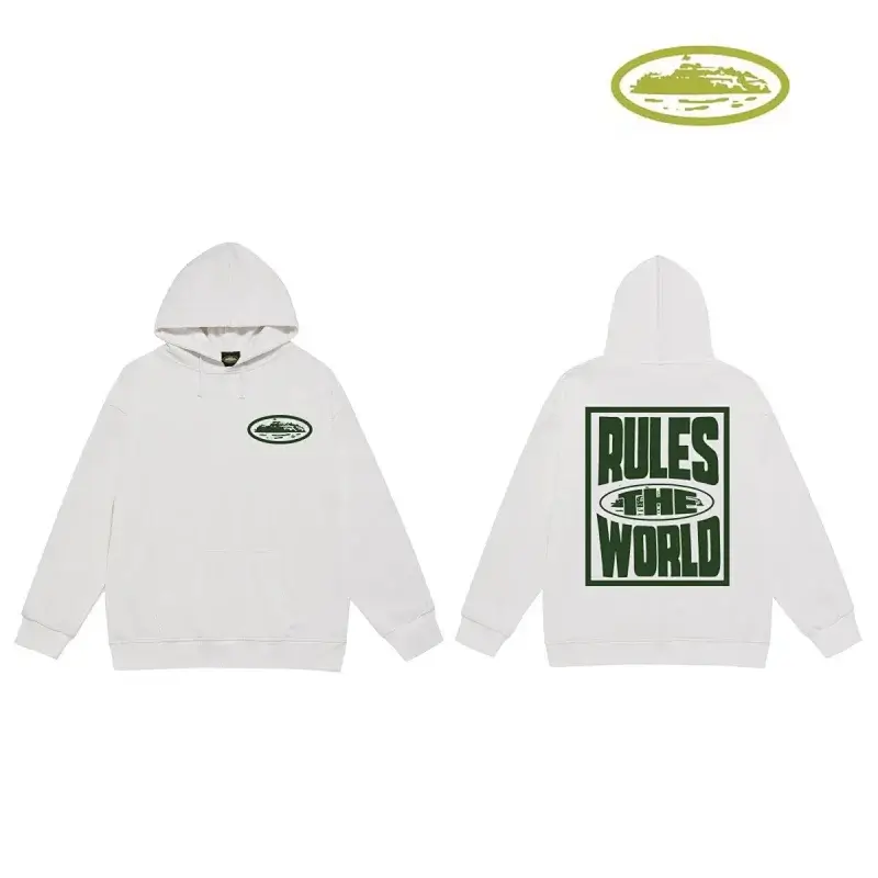 Corteiz White Hoodie with Front Logo & Back "RULES THE WORLD" Print