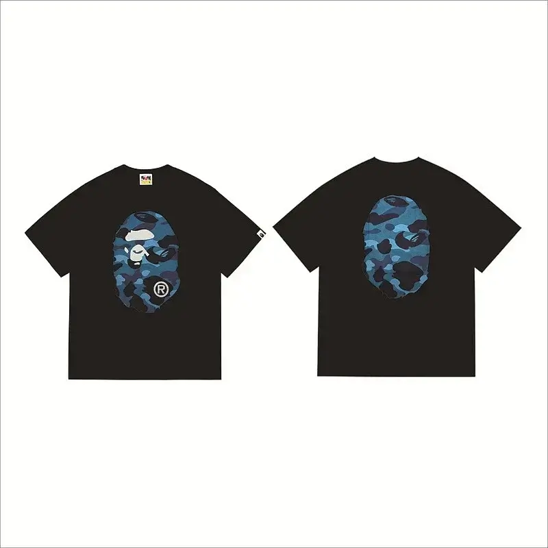 BAPE Black T - Shirt with Blue Camo Ape Head Graphic (Front) and Back Camo Ape Silhouette