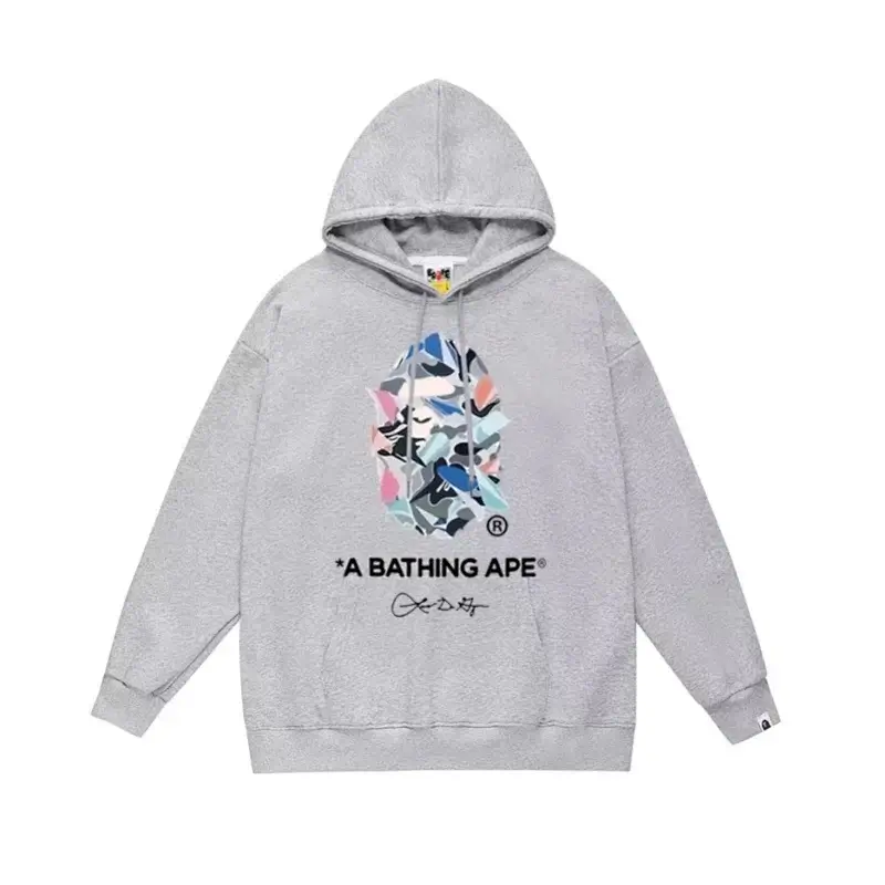 A BATHING APE Gray Hoodie with Camouflage Ape Head & Signature