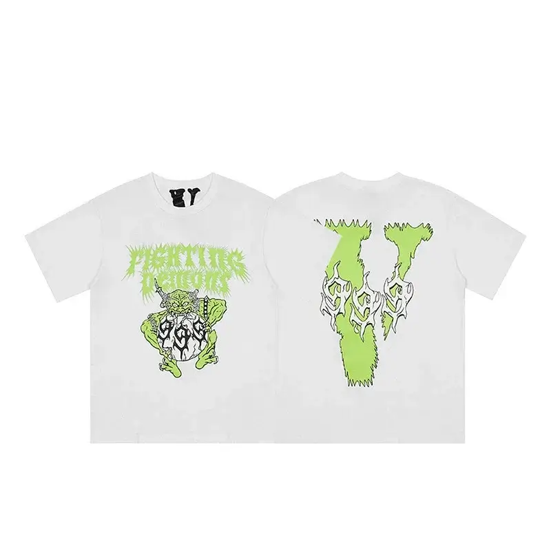 VLONE White T - Shirt with "FIGHTING DEMONS" Text, Green Monster Graphic (Front) & Green V Graphic (Back)