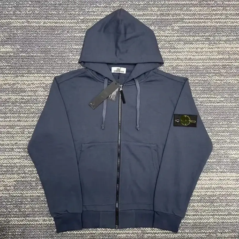 Stone Island Dark Blue Hooded Zip - Up Sweatshirt with Branded Sleeve Patch