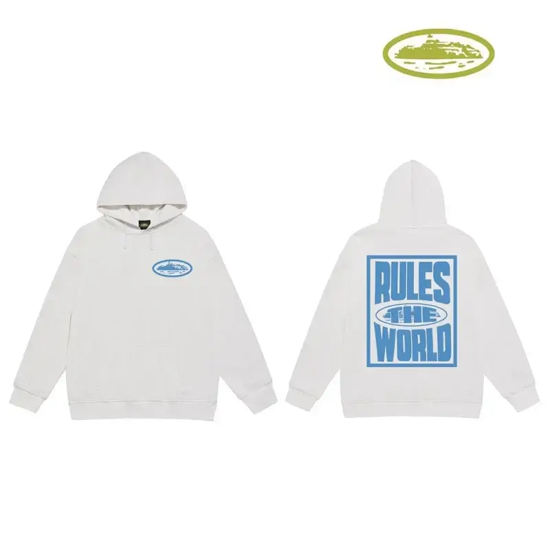 Corteiz White Hoodie with Blue "RULES THE WORLD" Print (Front Small Logo, Back Large Slogan)