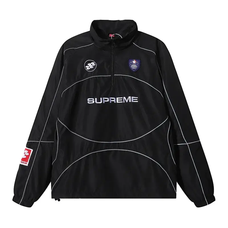 Supreme Black Half - Zip Track Jacket with Logos & Patches