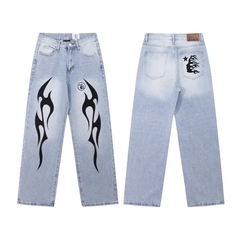 EVAN Light Blue Wide Leg Jeans with Black Flame Print