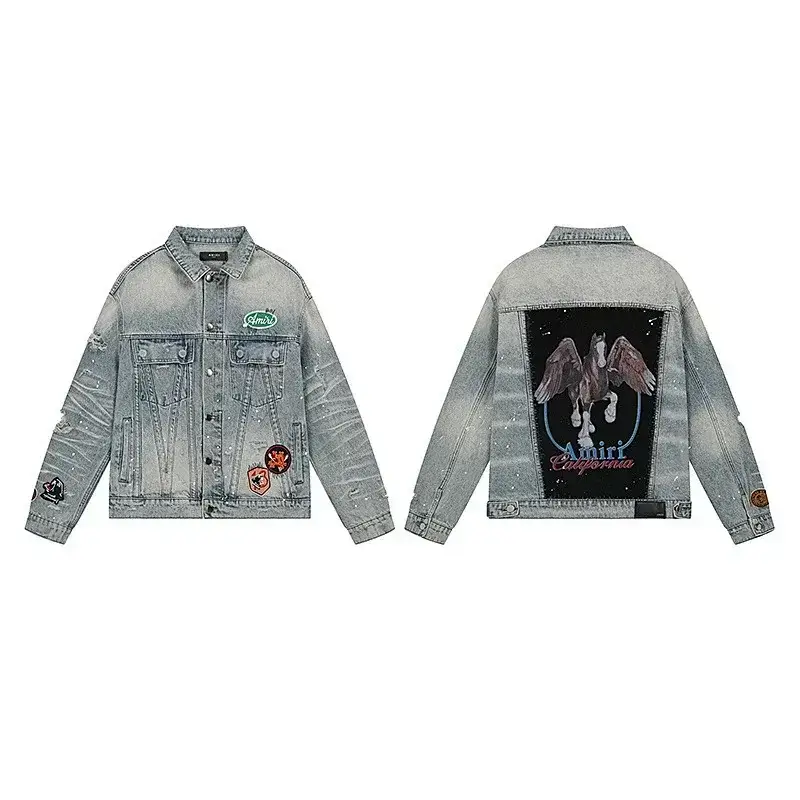 Amiri Distressed Denish Jacket with Pegasus Back Graphic