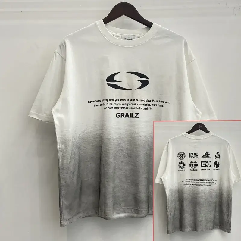 GRAILZ White - Gray Gradient T - Shirt (Front Slogan/Logo, Back Multi - Logo/Text Prints)