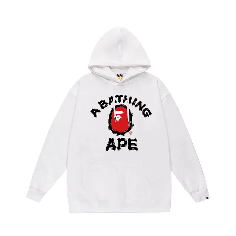 A BATHING APE White Hoodie with Red Ape Head Logo & Black Text