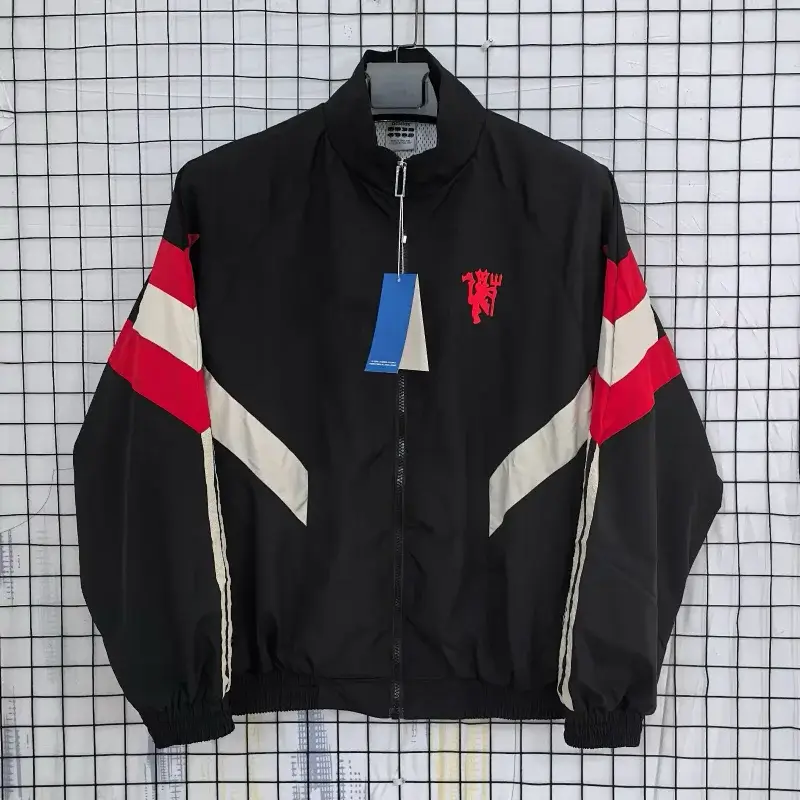 Corteiz Black Track Jacket with Red and White Stripes