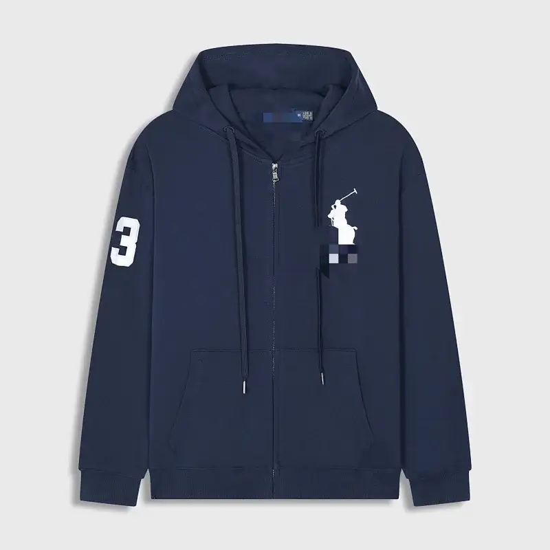 Polo Ralph Lauren  Navy Blue Full - Zip Hoodie with Polo Player Logo, Number 3, Kangaroo Pocket & Drawstrings