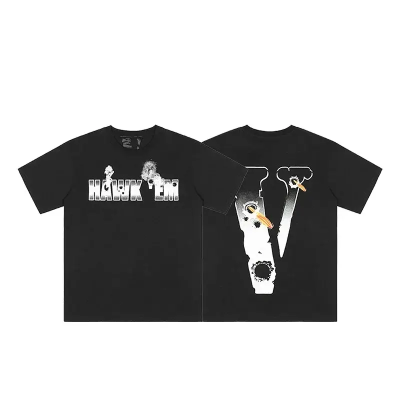 VLONE Black T - Shirt with "HAWK 'EM" Front & V - Logo + Knife/Bullet Holes Back