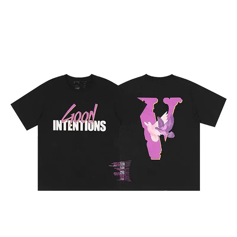 VLONE Good Intentions Black T - Shirt with Pink V & Doves Graphic