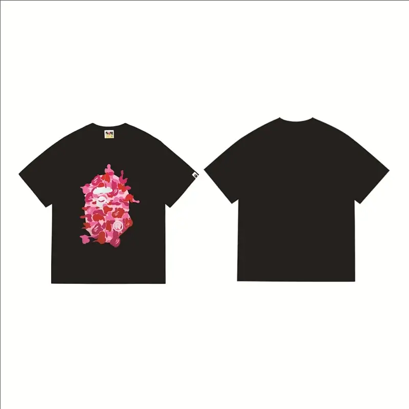 BAPE Black T - Shirt with Pink Red Camo Ape Head Graphic