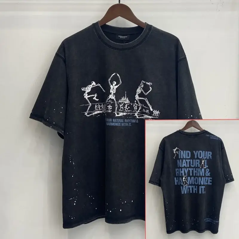ENHYPENMENT Black Vintage Splatter Paint Dancing Skeletons Oversized T - Shirt (Front & Back Text Print)